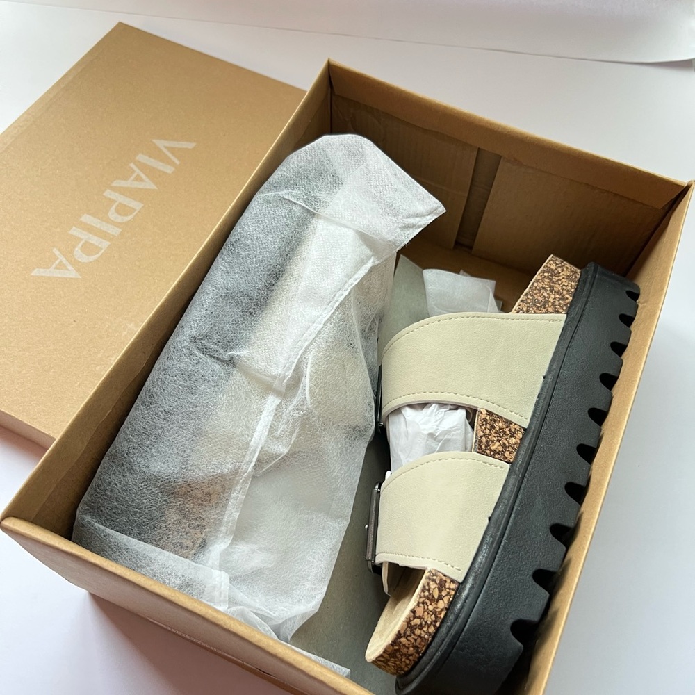 Women’s Beige Double-Buckle Platform Sandals - Picture 3 of 8